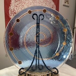 Blue Whimsical 11inch Gold Swirl round decorative Recycled Glass Plate